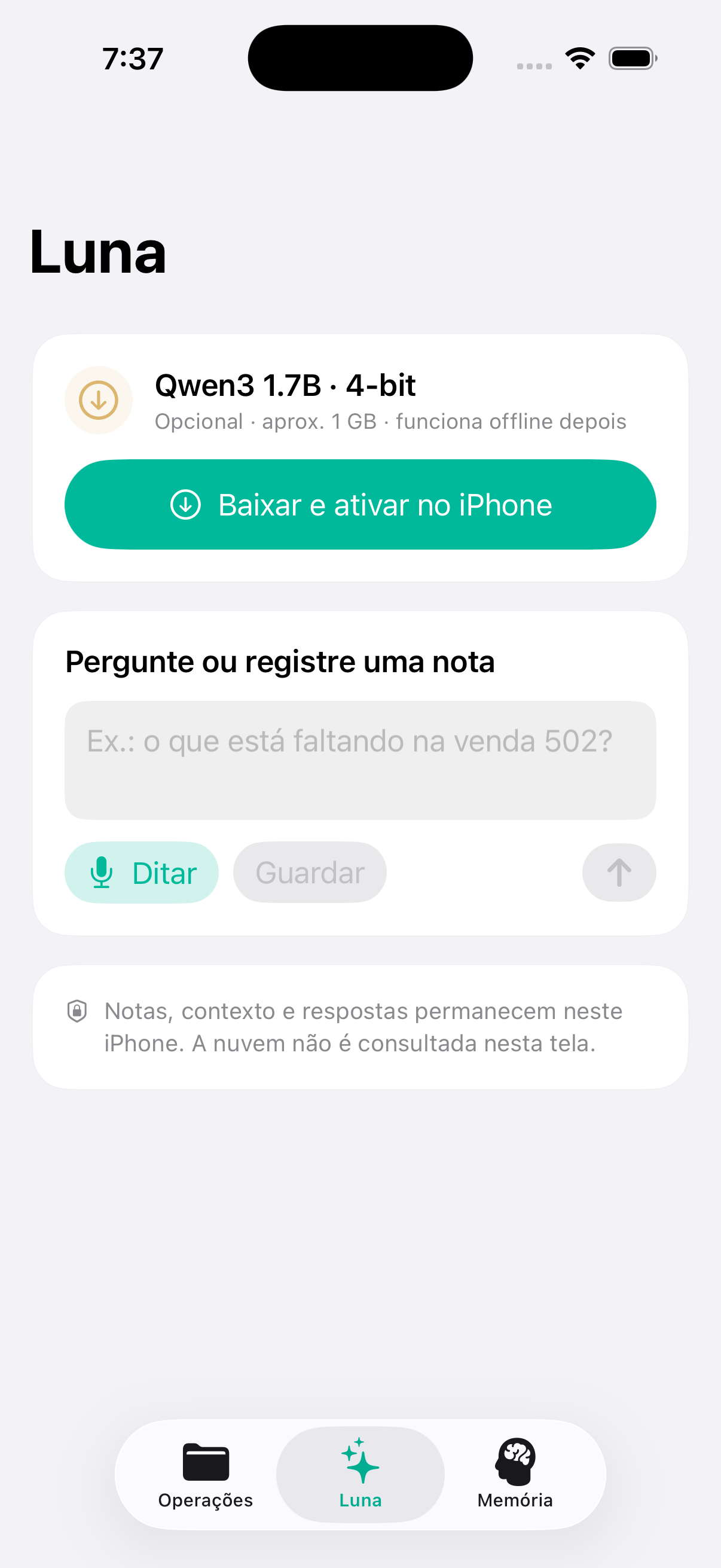 Tela da Luna com modelo local Qwen e entrada por voz