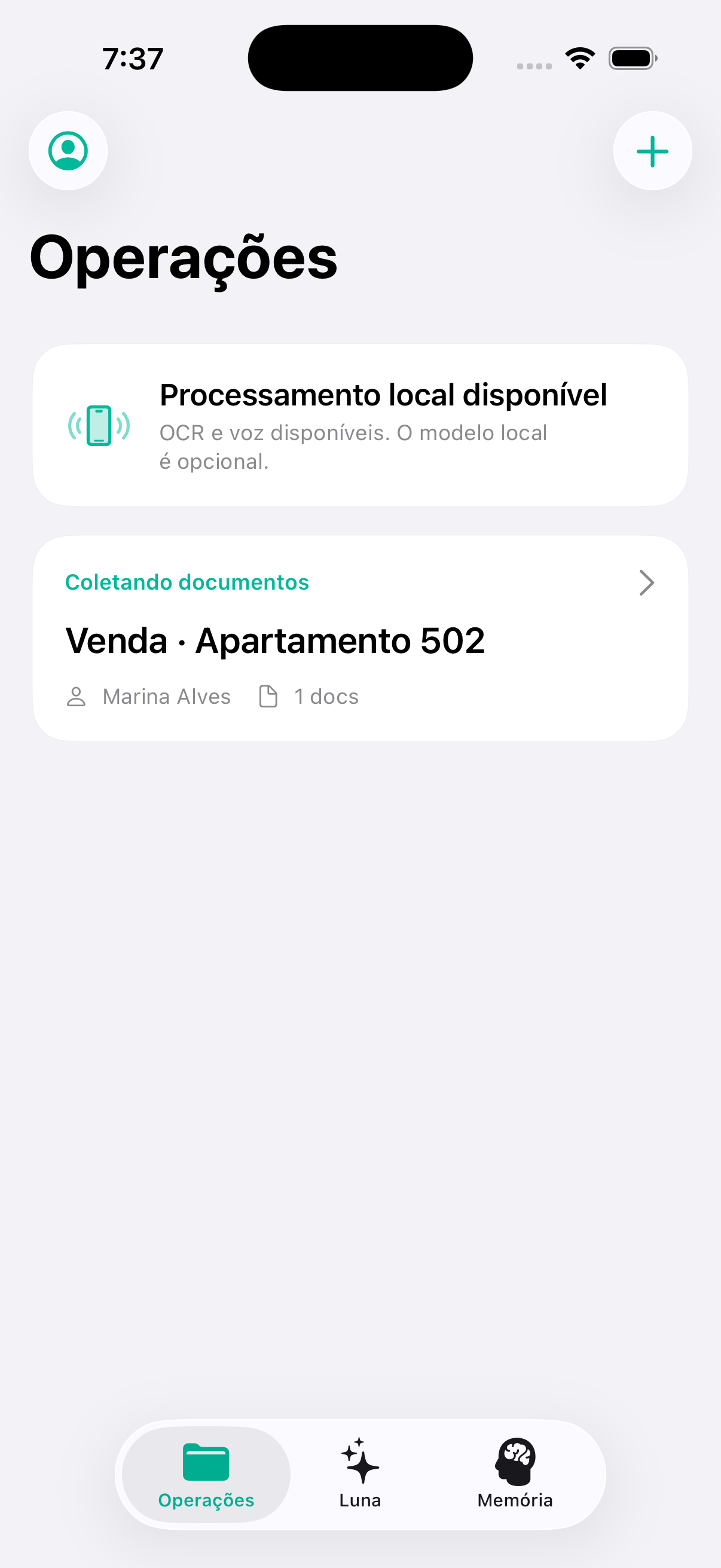 Lista de operações da Luna no iPhone